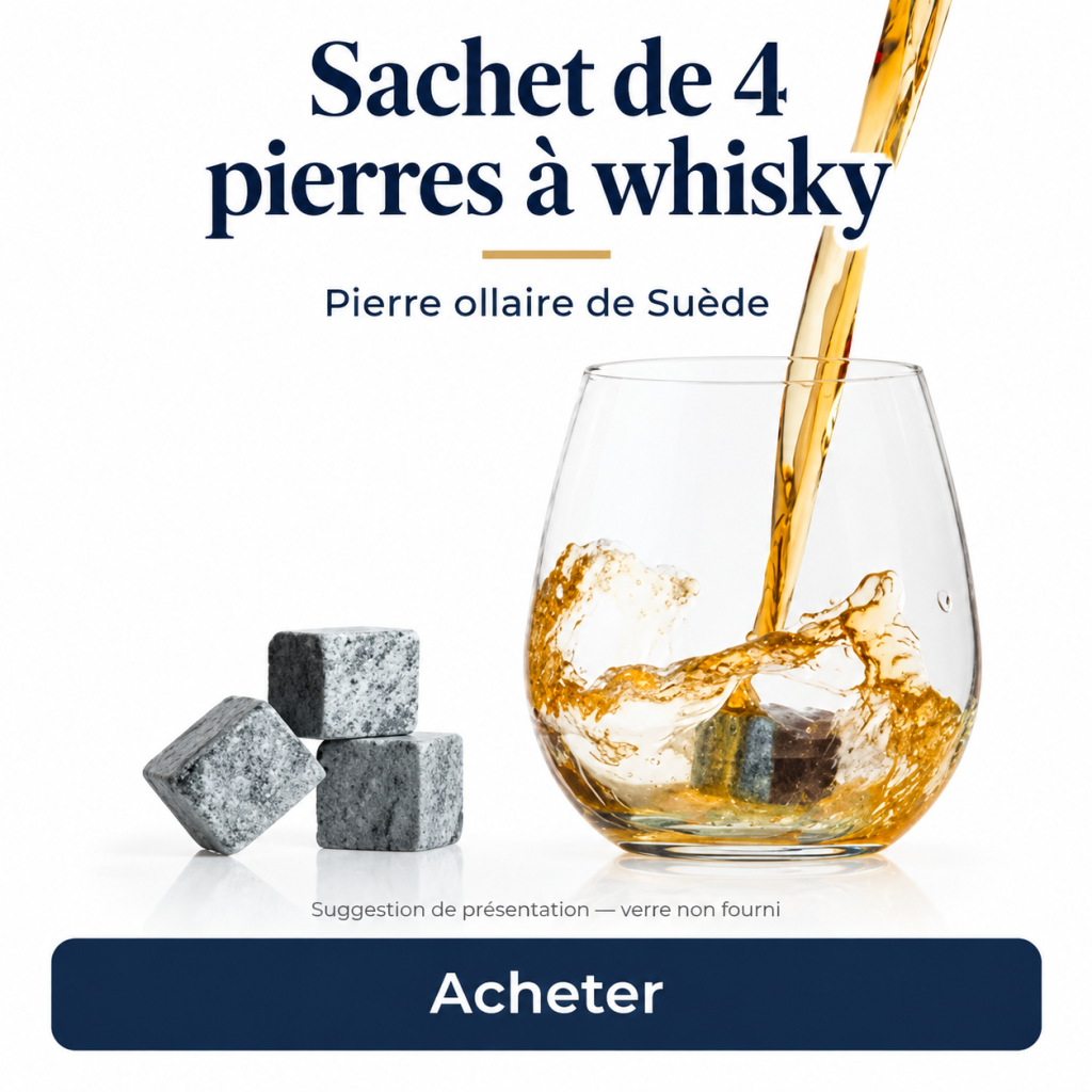Quatre pierres à whisky en pierre ollaire, dont une dans un verre où du whisky est versé, avec bouton « Acheter ».