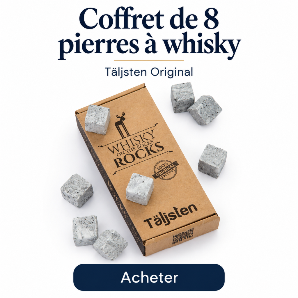 Coffret Täljsten Original entouré de huit pierres à whisky en pierre ollaire, avec bouton « Acheter ».