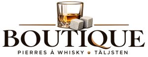 Logo de la boutique Pierres à whisky Täljsten, avec un verre de whisky et deux pierres ollaires.
