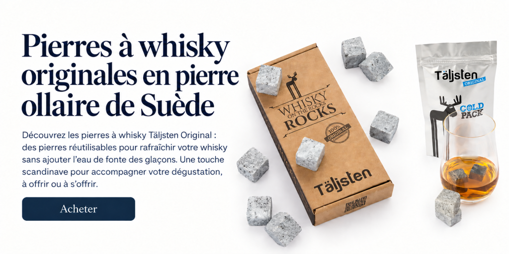 Coffret Täljsten Original en pierre ollaire de Suède, avec pierres à whisky, sachet Cold Pack et verre de whisky. Titre