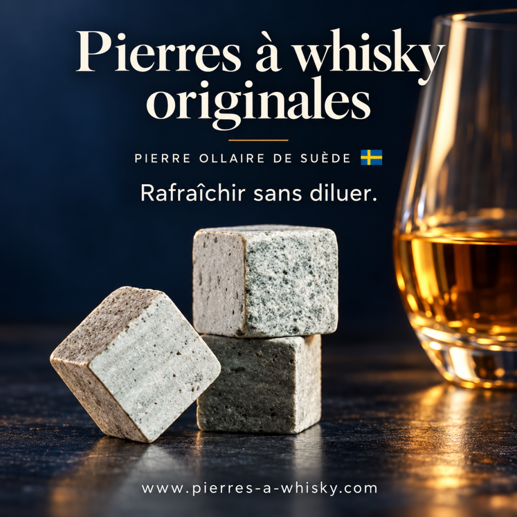 Pierres à whisky originales Täljsten en pierre ollaire de Suède à côté d'un verre, pour rafraîchir sans diluer.