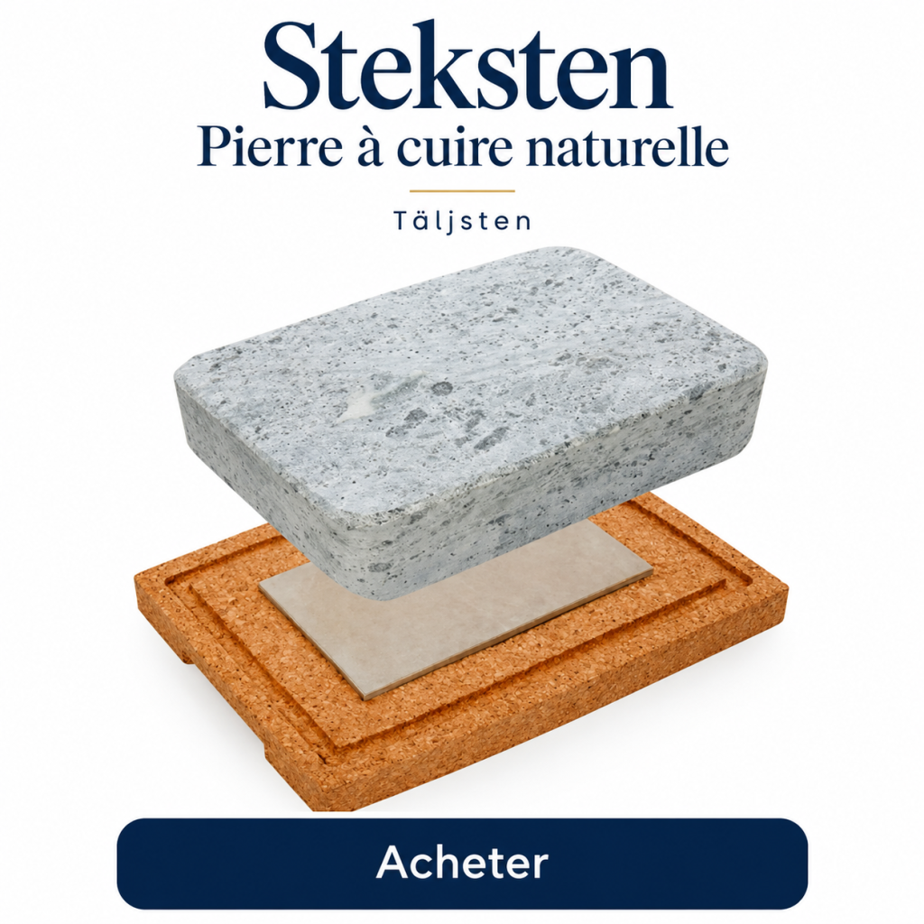 Pierre à cuire Steksten Täljsten présentée au-dessus de sa plaque et de son support en liège, avec bouton « Acheter ».
