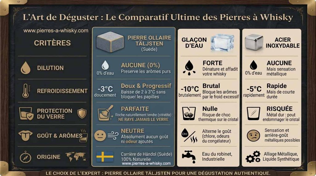 ableau comparatif pierres à whisky vs glaçons eau vs acier inoxydable. Avantages pierre ollaire scandinave tendre ne raye pas le verre.