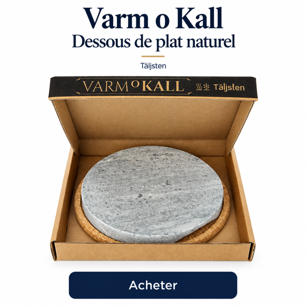 Dessous de plat rond Varm o Kall Täljsten en pierre ollaire, sur son support en liège dans un coffret ouvert, avec bouton « Acheter ».